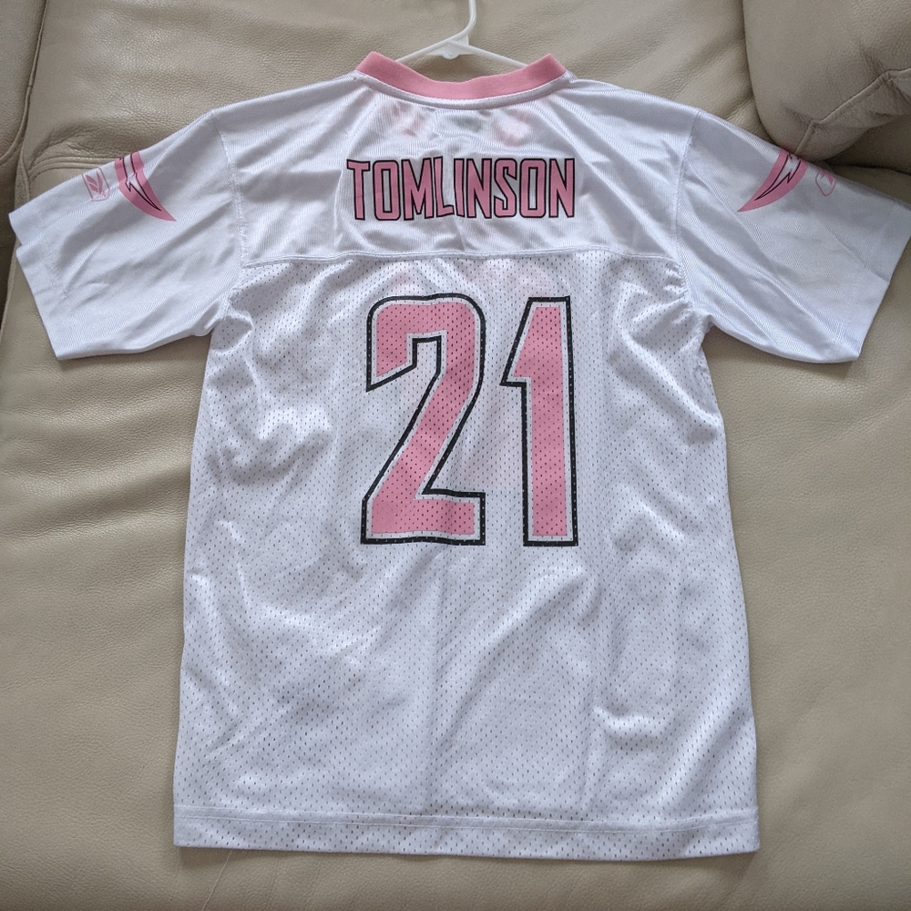 White/Pink Chargers Jersey - Tomlinson 21 - Kids XL, Women's S